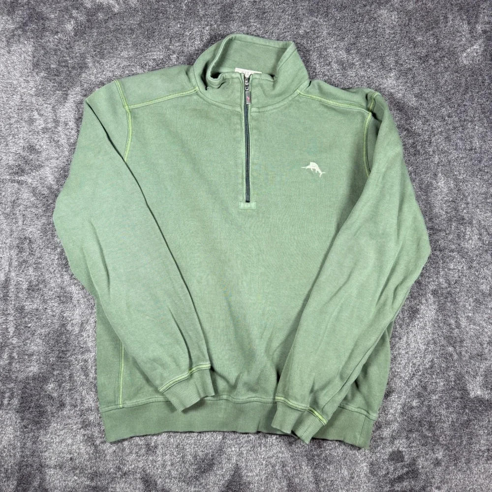 Tommy Bahama Relax Mens Small Sage Green 100% Cotton Ribbed Quarter Zip Pullover